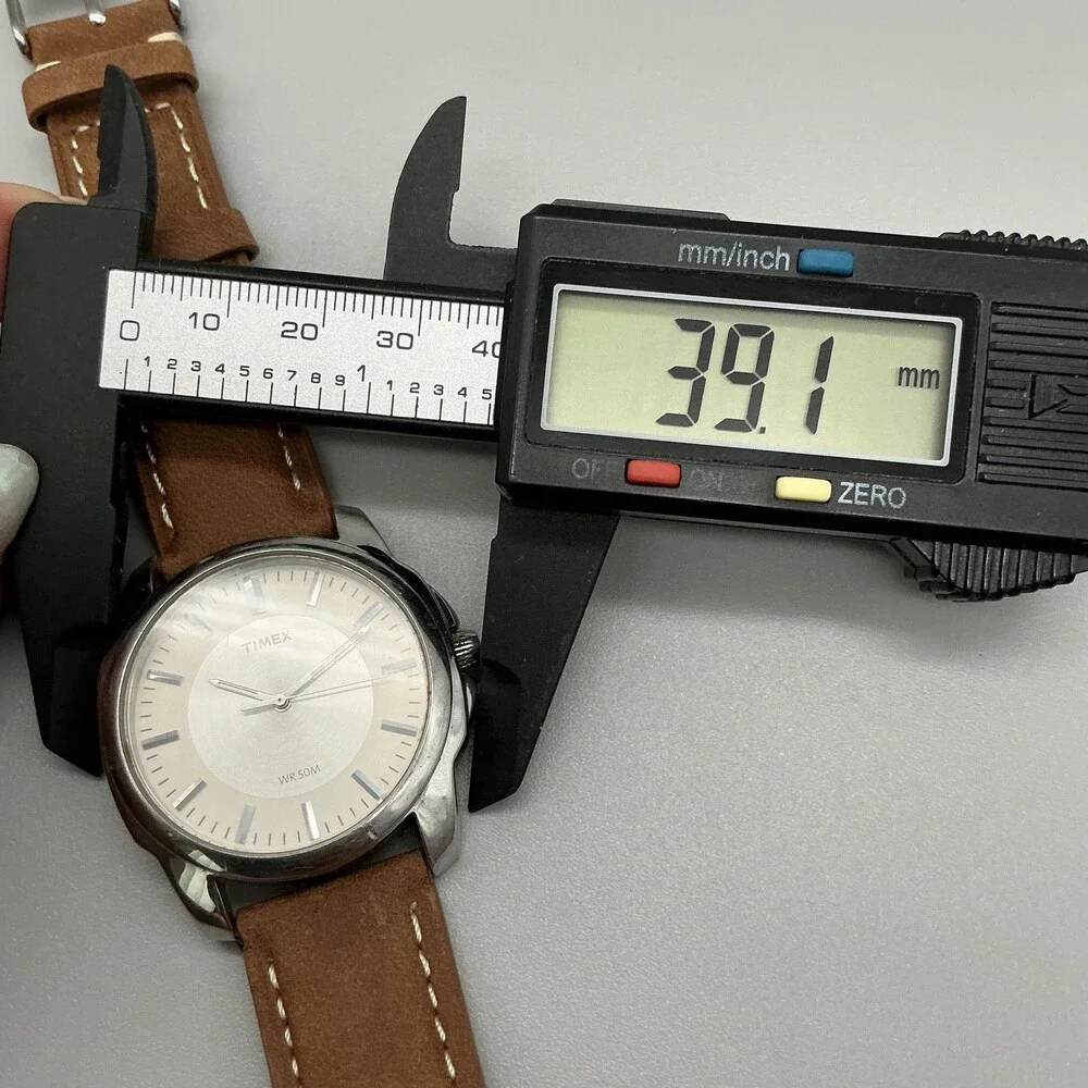 Timex Mens Watch 39mm Silver Tone Brown Leather WR 50M Stainless New Battery